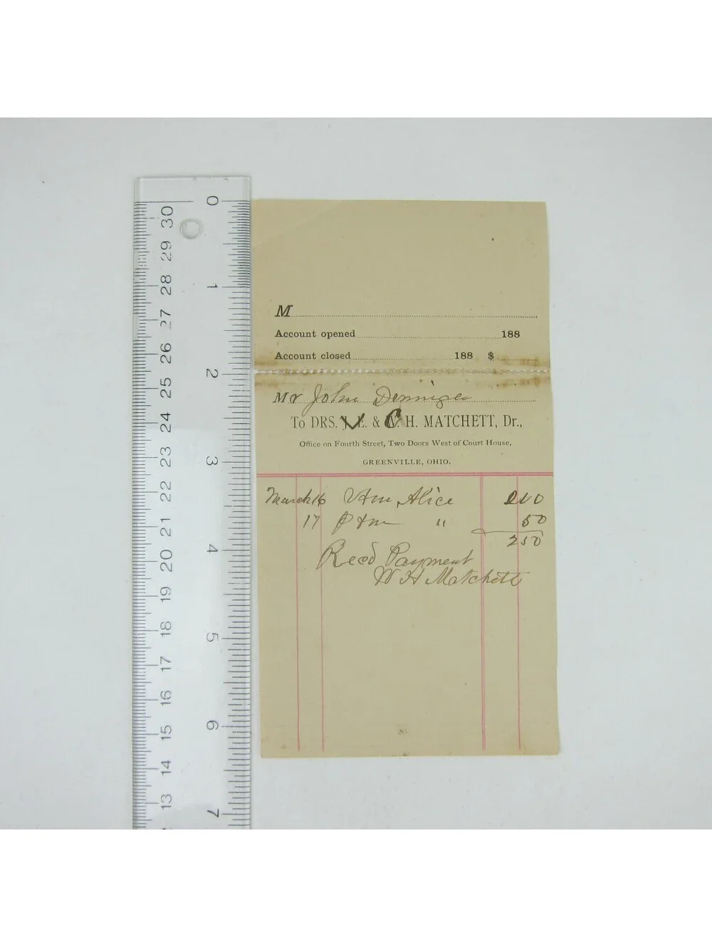 Payment Receipt Dr. W.H. Matchett Greenville Ohio John Dininger Antique 1880s
